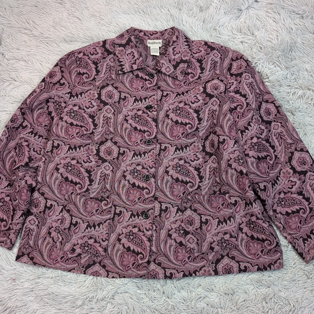 Vintage Bonworth Jacket Womens XL Petite Purple Pockets Paisley Button Up